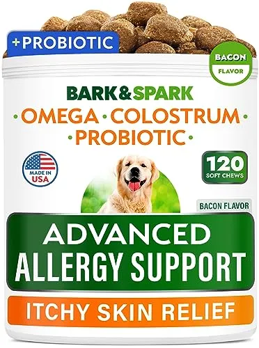 BARK&SPARK Advanced Dog Allergy Itch Relief Chews - Skin Probiotics w/Fish Oil Omega 3 - Itchy Skin Relief Pills - Anti Itching Licking - Skin Allergies Treatment Immune Supplement Colostrum-120 Bacon