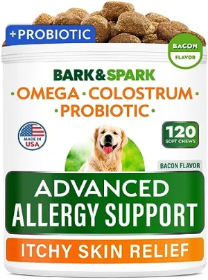 BARK&SPARK Advanced Dog Allergy Itch Relief Chews - Skin Probiotics w/Fish Oil Omega 3 - Itchy Skin Relief Pills - Anti Itching Licking - Skin Allergies Treatment Immune Supplement Colostrum-120 Bacon