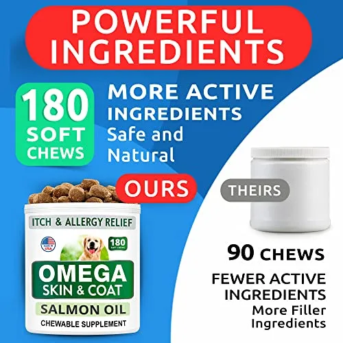 BARK&SPARK Omega 3 for Dogs - 180 Fish Oil Treats for Dog Shedding, Skin Allergy, Itch Relief, Hot Spots Treatment - Joint Health - Skin and Coat Supplement - EPA & DHA Fatty Acids - Salmon Oil