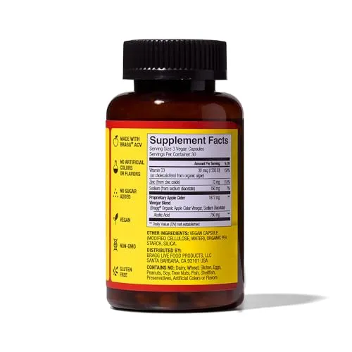 Bragg Apple Cider Vinegar Capsules with Vitamin D and Zinc - 90 Capsules - Supports The Immune System