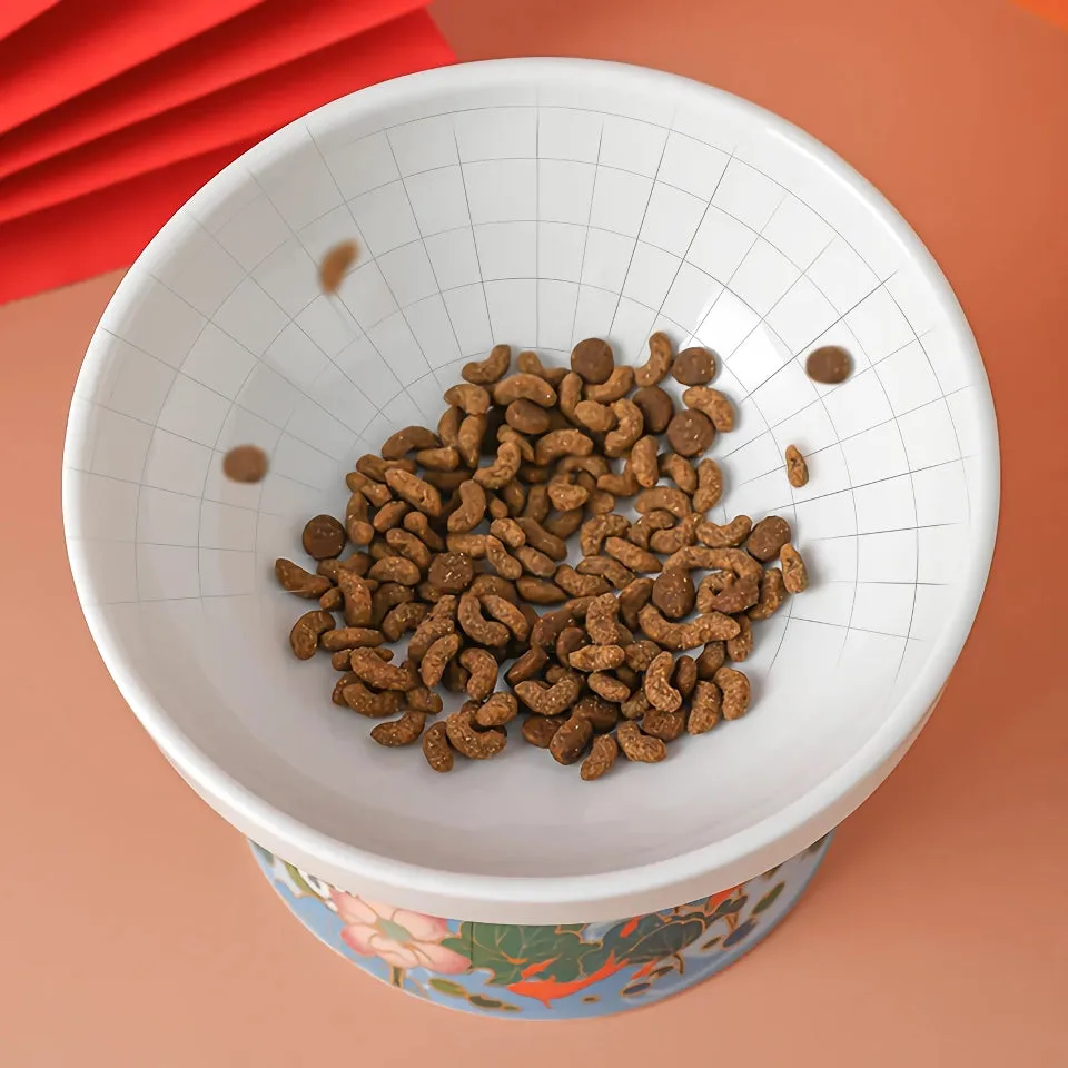 Chinese Style Ceramic Cat Bowl - Elevated Pet Food and Water Feeder