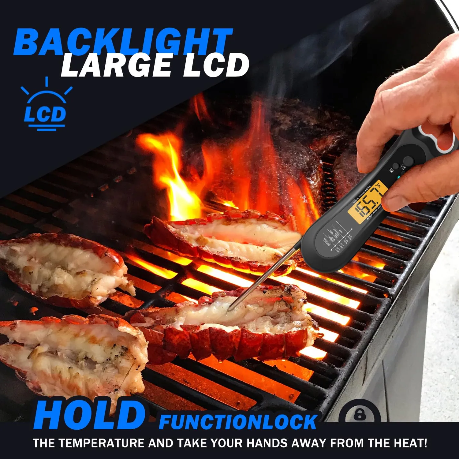 Digital Meat Thermometer for Cooking, Wireless, Instant Read, Waterproof, Backlight, Ultra-Fast Accurate & 180Foldaway Probe, Idea for Turkey/Grilling