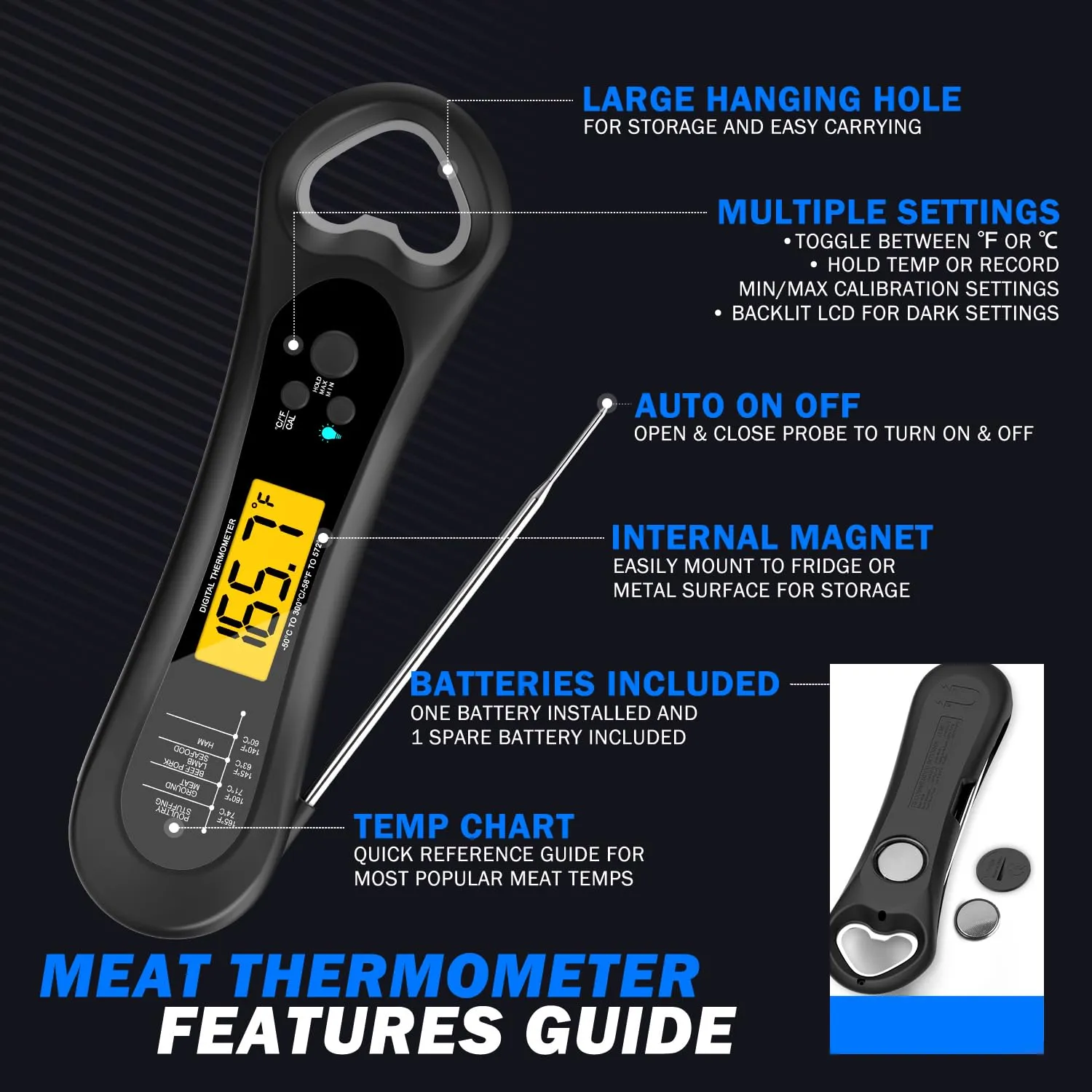 Digital Meat Thermometer for Cooking, Wireless, Instant Read, Waterproof, Backlight, Ultra-Fast Accurate & 180Foldaway Probe, Idea for Turkey/Grilling