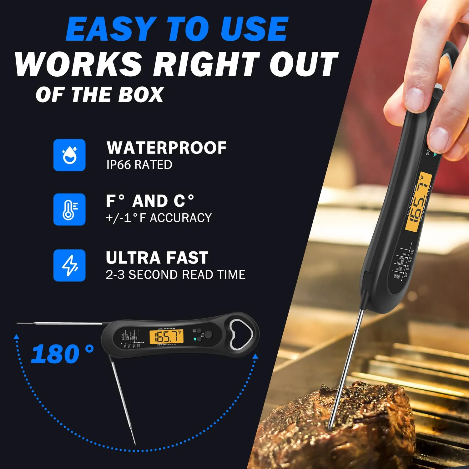 Digital Meat Thermometer for Cooking, Wireless, Instant Read, Waterproof, Backlight, Ultra-Fast Accurate & 180Foldaway Probe, Idea for Turkey/Grilling