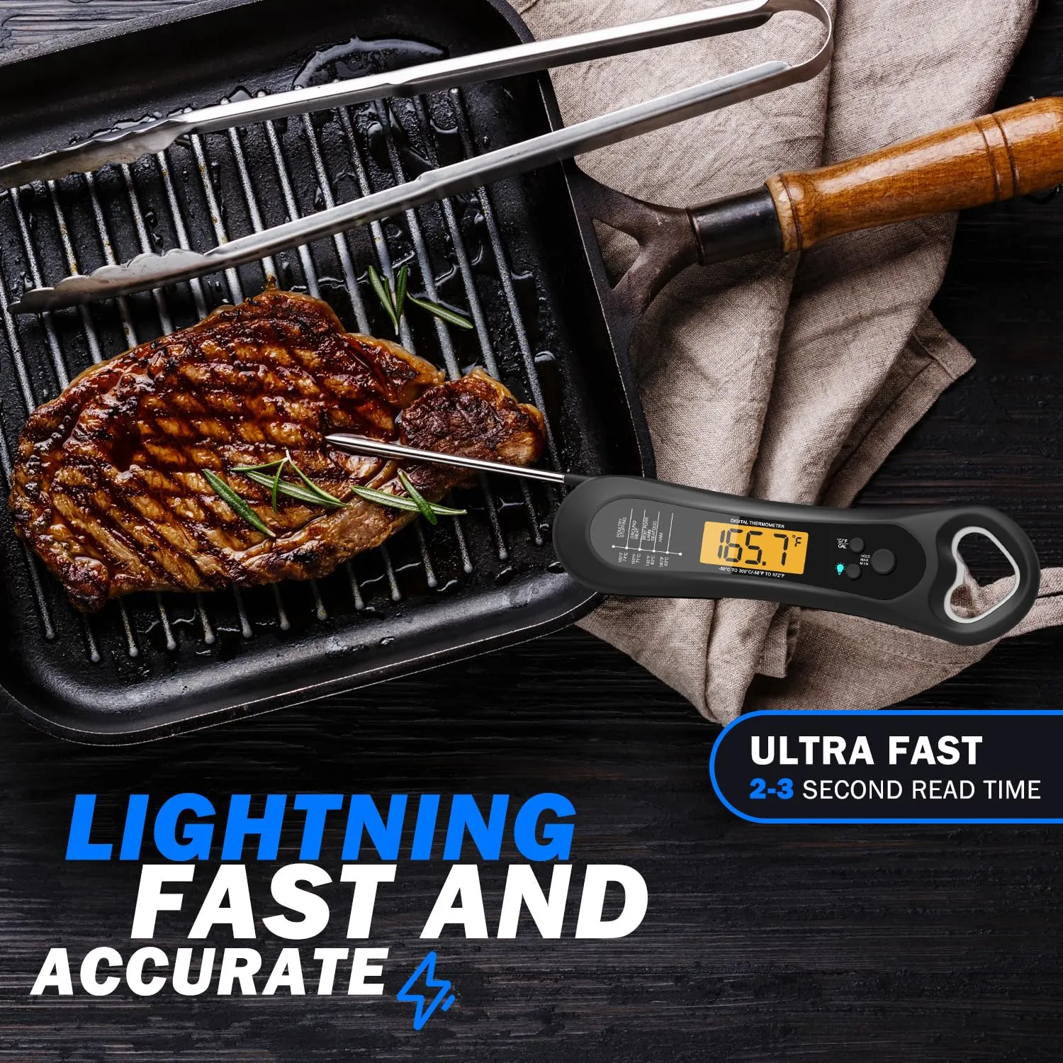 Digital Meat Thermometer for Cooking, Wireless, Instant Read, Waterproof, Backlight, Ultra-Fast Accurate & 180Foldaway Probe, Idea for Turkey/Grilling