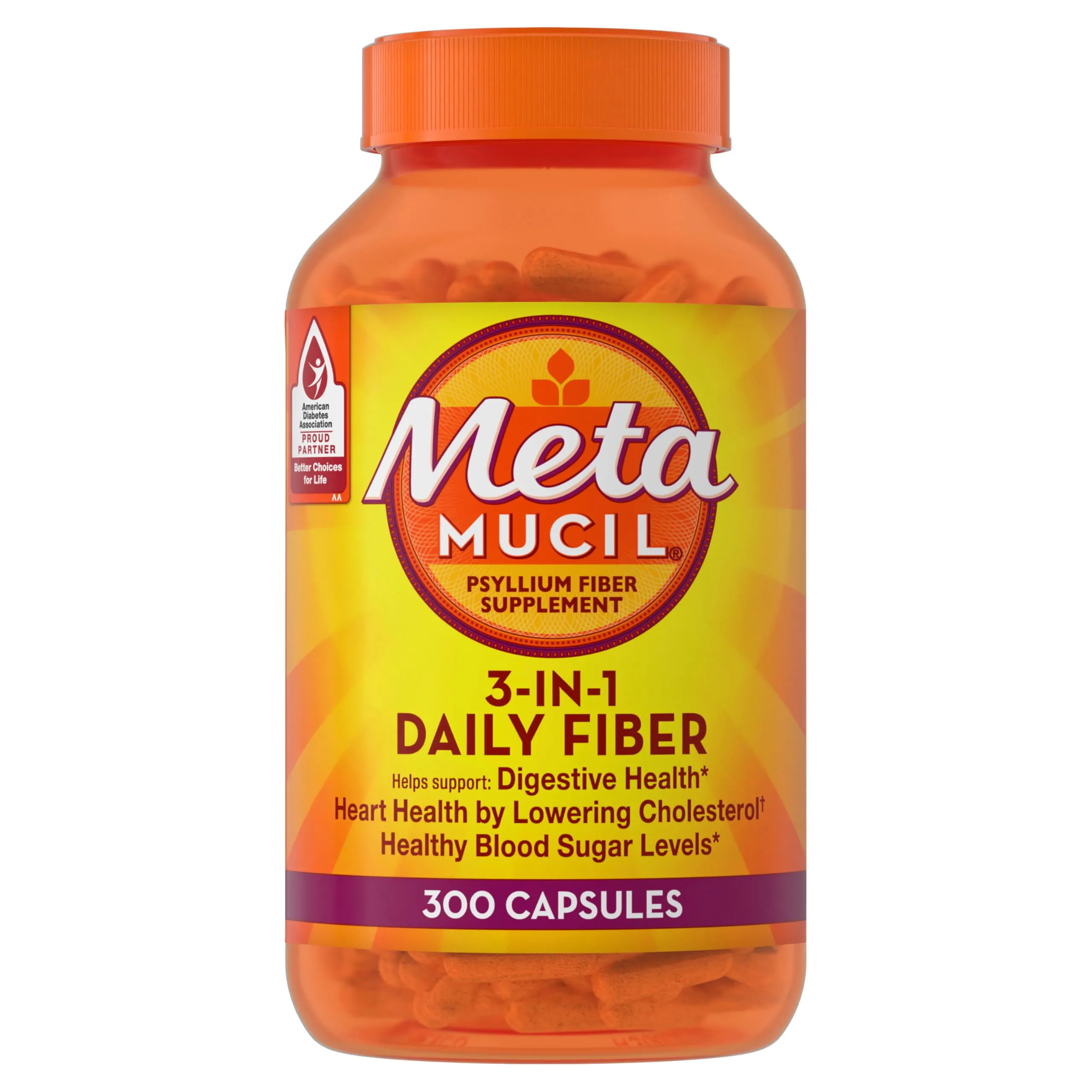 Metamucil 3-in-1 Fiber Capsules, Daily Psyllium Husk Fiber Supplement, Fiber Capsules for Digestive Health, Plant-Based Psyllium Husk Fiber Capsules, #1 Doctor Recommended Fiber Brand, 300ct Capsules