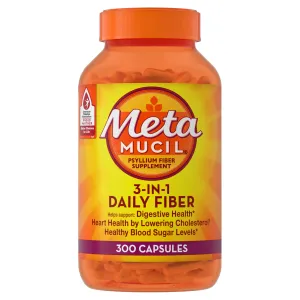 Metamucil 3-in-1 Fiber Capsules, Daily Psyllium Husk Fiber Supplement, Fiber Capsules for Digestive Health, Plant-Based Psyllium Husk Fiber Capsules, #1 Doctor Recommended Fiber Brand, 300ct Capsules