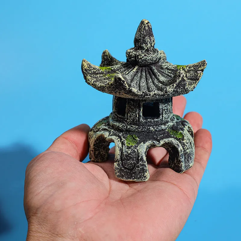 Resin Ancient Pavilion Aquarium Decoration - Rock Cave Building Ornament for Aquatic Landscaping